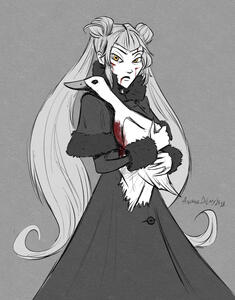 A single b/w sketch of a hip-high character with a character in his arms. Added color accents.