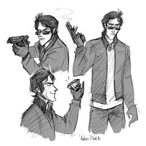 B/w a set of sketches of 3 figures of the same character in different situations.