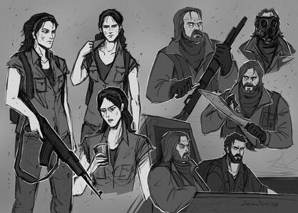 A set of sketches of characters in different situations on a gray background. A set of sketches of characters in different situations on a gray background.