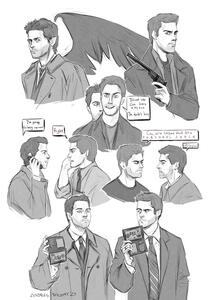 A set of sketches with characters and their phrases on a white background.