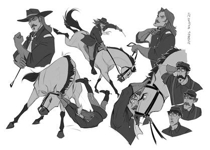 A set of sketches of characters in different situations on a white background.