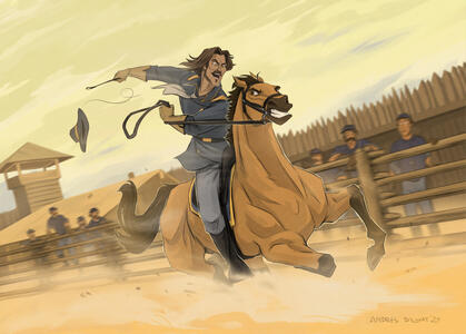 The rider and the horse are two full-height characters + a horse ammunition is object of complex difficulty. The background is complex (the soldiers in the background are included in the background price, and do not go as separate characters).