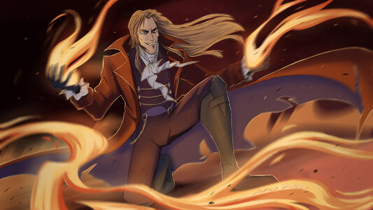 A full-height character on an abstract background + interaction with fire (medium difficulty).