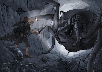 Two full-height characters. One with items (Sam's camping gear, a sword and the Phial of Galadriel), the second is a huge spider. A complex background.