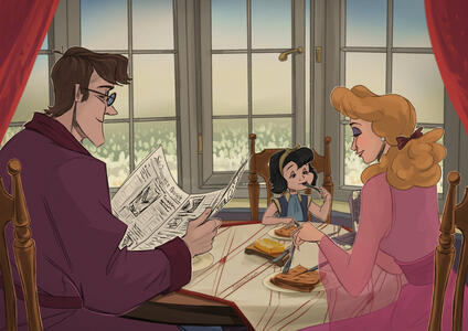 Two hip-high characters and one waist-high character on a complex background (kitchen interior with a landscape outside the windows) + interaction with forks, knives (simple objects) and a newspaper (a simple object in this one, but if you want the content
