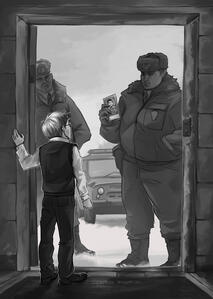Three full-height characters on a complex background + one interaction with a photo (simple difficulty).