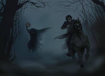 Two full-height characters (Crane and the horse Gunpowder in the foreground) on a complex background (the silhouette of the Headless Horseman belongs to the background). Two full-height characters (Crane and the horse Gunpowder in the foreground) on a complex background (the silhouette of the Headless Horseman belongs to the background).