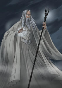 A full-height character on a simple background + interaction with a magician's staff (medium difficulty).
