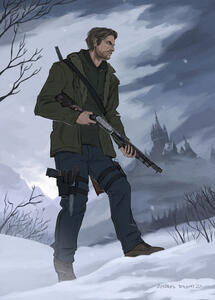 A full-height character on a complex background + interaction with weapons, holsters with weapons (complex objects)