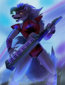 A knees-high character on an abstract background + interaction with a musical instrument (a complex object).